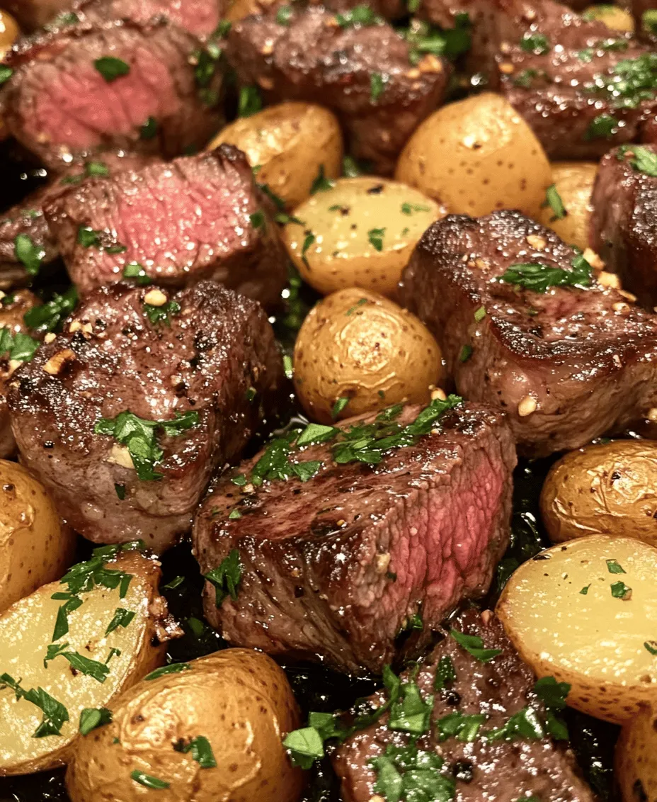 Are you ready to elevate your weeknight dinners with a dish that’s packed with flavor yet incredibly simple to prepare? Look no further than the <strong>Garlic Butter Steak and Potatoes Skillet</strong>. This delightful recipe brings together the mouthwatering combination of tender steak, crispy baby potatoes, and aromatic herbs, all infused in rich, buttery goodness. It’s a one-pan meal that not only tantalizes the taste buds but also simplifies the cooking process for busy home cooks.” /></p>
</p>
<h3>Searing: The Maillard Reaction and Flavor Development</h3>
</p>
<p>Searing your steak is a crucial step in making the Garlic Butter Steak and Potatoes Skillet, and it all comes down to a chemical reaction known as the Maillard reaction. This reaction occurs when proteins and sugars in the meat are exposed to high heat, resulting in complex flavor compounds and a beautiful brown crust. This not only enhances the steak’s flavor but also adds a satisfying texture that contrasts beautifully with the tender interior.</p>
</p>
<p>As you sear the steak, aim to achieve a deep brown crust without overcooking the inside. The ideal searing temperature is between 400°F and 500°F (204°C to 260°C). Make sure your skillet is preheated and that you only flip the steak once to ensure even browning. This step is critical because it locks in the juices, making the steak succulent and flavorful.</p>
</p>
<h3>Sautéing: The Benefits of Cooking Potatoes in Butter</h3>
</p>
<p>Once the steak is seared and resting, it’s time to turn your attention to the potatoes. Sautéing them in butter not only enhances their flavor but also contributes to a crispy texture that perfectly complements the tender steak. The starches in the potatoes caramelize during cooking, creating a golden, crunchy exterior while keeping the inside fluffy and soft.</p>
</p>
<p>Using a generous amount of butter during this process allows the potatoes to absorb the rich flavors, resulting in a dish that is comforting and satisfying. If you want to take this a step further, consider adding a touch of garlic powder or onion powder while sautéing for an extra layer of flavor. This method not only elevates the taste of the potatoes but also unifies the flavors of the dish as a whole.</p>
</p>
<h3>Infusion: Elevating Flavor with Garlic and Herbs</h3>
</p>
<p>Incorporating garlic and fresh herbs into the butter sauce is where the magic truly happens. As the garlic cooks in the residual heat of the skillet, it becomes fragrant and adds a wonderful depth to the dish. The same goes for herbs like thyme or rosemary, which release their essential oils into the butter, creating a rich sauce that binds the flavors together.</p>
</p>
<p>Once the potatoes are nearly done, you can add the minced garlic and herbs to the skillet, allowing them to infuse their flavors into the butter. Stirring gently ensures that the garlic doesn’t burn, which could lead to a bitter taste. The result is a luscious, aromatic sauce that can be drizzled over the steak and potatoes, making every bite a burst of flavor.</p>
</p>
<h3>Nutritional Information</h3>
</p>
<p>When considering the nutritional profile of the Garlic Butter Steak and Potatoes Skillet, it’s essential to acknowledge the balance of macronutrients. This dish is not only delicious but also offers a well-rounded meal.</p>
</p>
<p>– <strong>Protein Content</strong>:</p>
<p>Steak is a fantastic source of protein, which is crucial for muscle repair and growth. A typical serving of steak can provide anywhere from 25 to 30 grams of protein, depending on the cut and portion. This high protein content supports satiety and contributes to overall health and wellness.</p>
</p>
<p>– <strong>Carbohydrates from Potatoes</strong>:</p>
<p>Potatoes are a great source of carbohydrates, which are the body’s primary energy source. A medium-sized potato contains about 30 grams of carbs and is rich in vitamins and minerals, including potassium and vitamin C. Including whole foods like potatoes in your diet provides essential nutrients necessary for energy and overall health.</p>
</p>
<p>– <strong>Healthy Fats</strong>:</p>
<p>The combination of olive oil and butter in this recipe contributes healthy fats that can be beneficial for heart health. Olive oil is rich in monounsaturated fats and antioxidants, while butter adds flavor and helps with the absorption of fat-soluble vitamins. Together, they create a rich base that enhances the taste and nutritional value of the dish.</p>
</p>
<h3>Serving Suggestions</h3>
</p>
<p>To elevate your Garlic Butter Steak and Potatoes Skillet experience, consider these creative serving suggestions:</p>
</p>
<p>– <strong>Pairing with Vegetables</strong>:</p>
<p>Complementing your skillet with vibrant vegetables can enhance both the visual appeal and nutritional value of your meal. Steamed broccoli or sautéed green beans drizzled with lemon juice make excellent side options. A fresh salad with mixed greens, cherry tomatoes, and a light vinaigrette can also provide a refreshing contrast to the richness of the steak and potatoes.</p>
</p>
<p>– <strong>Wine Pairing</strong>:</p>
<p>A well-paired wine can enhance the flavors of your meal, making it even more enjoyable. For this dish, consider a full-bodied red wine, such as a Cabernet Sauvignon or a Malbec. These wines have the structure and depth to complement the savory richness of the steak, while their tannins help cut through the buttery sauce.</p>
</p>
<p>– <strong>Presentation Tips</strong>:</p>
<p>The visual presentation of your dish can elevate the dining experience. Consider garnishing your skillet with fresh herbs like parsley or thyme for a pop of color. Adding lemon wedges on the side not only brightens the plate but also allows guests to squeeze fresh juice over their portions for an extra zing.</p>
</p>
<h3>Storing and Reheating Leftovers</h3>
</p>
<p>If you have leftovers from your Garlic Butter Steak and Potatoes Skillet, proper storage and reheating techniques are essential to maintain flavor and texture.</p>
</p>
<p>– <strong>Storage</strong>:</p>
<p>Allow the dish to cool to room temperature before transferring it to an airtight container. Store the steak and potatoes separately if possible, as this will help retain the texture of both components. Refrigerate and consume within 3-4 days to ensure freshness.</p>
</p>
<p>– <strong>Reheating Techniques</strong>:</p>
<p>To reheat leftovers, the best method is to use a skillet over medium heat. Add a little butter or oil to prevent sticking, and gently warm the steak and potatoes until heated through. Alternatively, you can use a microwave, but be sure to cover the dish with a microwave-safe lid or wrap to retain moisture and prevent drying out.</p>
</p>
<h3>Conclusion</h3>
</p>
<p>The Garlic Butter Steak and Potatoes Skillet is a delightful dish that combines the richness of seared steak with crispy potatoes and aromatic garlic butter. By understanding the cooking techniques, the nutritional benefits, and creative serving suggestions, you can create a meal that is not only satisfying but also visually appealing. Whether you’re cooking for yourself or entertaining guests, this recipe offers a perfect balance of flavors and textures that is sure to impress. Embrace the joy of sharing a homemade meal with loved ones, and relish the deliciousness this dish brings to your dining table.</p>
<div id=