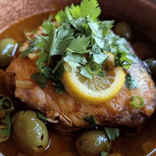 Chicken Tagine with Olives and Lemons is a quintessential Moroccan dish that brings together an exquisite blend of flavors, aromas, and textures. At its core, this dish is a celebration of vibrant spices and fresh ingredients, all harmoniously combined to create a culinary experience that is both comforting and exotic. The name "tagine" refers not only to the dish itself but also to the traditional earthenware pot in which it is cooked. This unique cooking vessel allows for slow-cooking, resulting in tender meat and a rich sauce that perfectly complements the bright, zesty flavors of olives and preserved lemons.