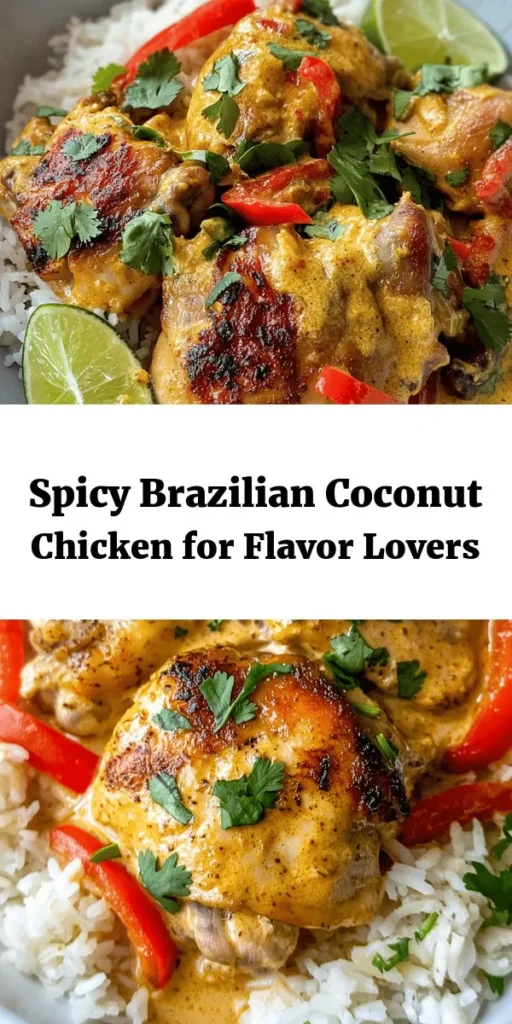 Savor the vibrant flavors of Brazil with this Spicy Brazilian Coconut Chicken! This dish features tender chicken thighs marinated in zesty lime and spices, sautéed with aromatic garlic and ginger, and cooked in a rich coconut milk sauce. Perfectly paired with rice and garnished with fresh cilantro and lime wedges, it’s a delightful dinner that brings a taste of the tropics to your table. Try it for a memorable family meal or impressive dinner party dish!