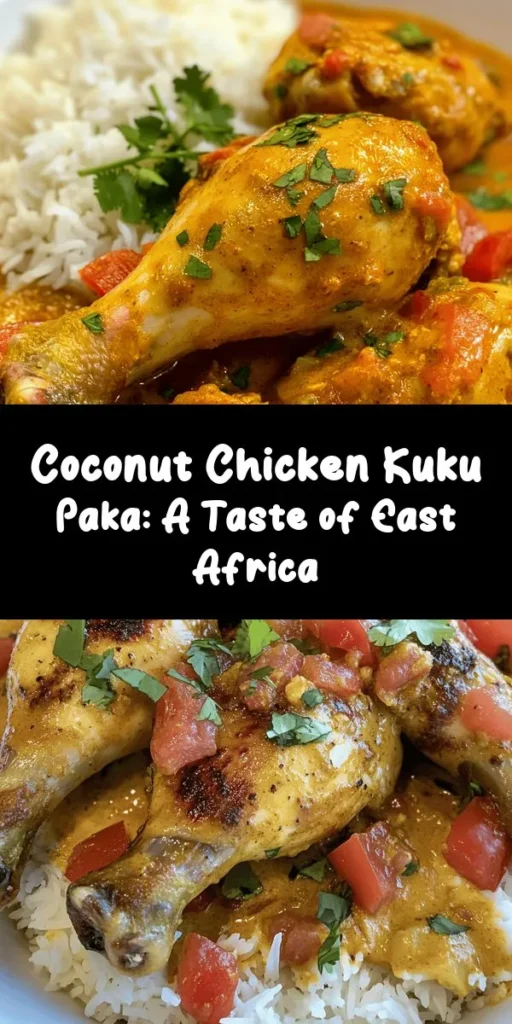 Experience the vibrant flavors of East Africa with Kuku Paka, a delightful coconut chicken dish! This recipe combines tender chicken drumsticks simmered in a rich coconut milk sauce infused with aromatic spices like curry, cumin, and turmeric. Perfect for a cozy dinner, it pairs beautifully with rice or flatbreads. With easy steps and fresh ingredients, you can create a dish that's both comforting and exotic. Enjoy this flavorful meal that's sure to impress!