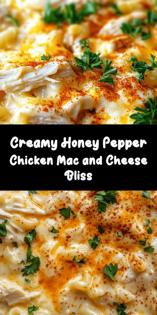 Indulge in a bowl of Creamy Honey Pepper Chicken Mac and Cheese Delight! This comforting dish combines tender elbow macaroni with shredded chicken, creamy cheeses, and a touch of sweetness from honey. It's seasoned to perfection with garlic and smoked paprika, then garnished with fresh parsley for a pop of color. Ready in just 30 minutes, it's a perfect weeknight meal that will please the whole family. Treat yourself to this delicious blend of flavors!