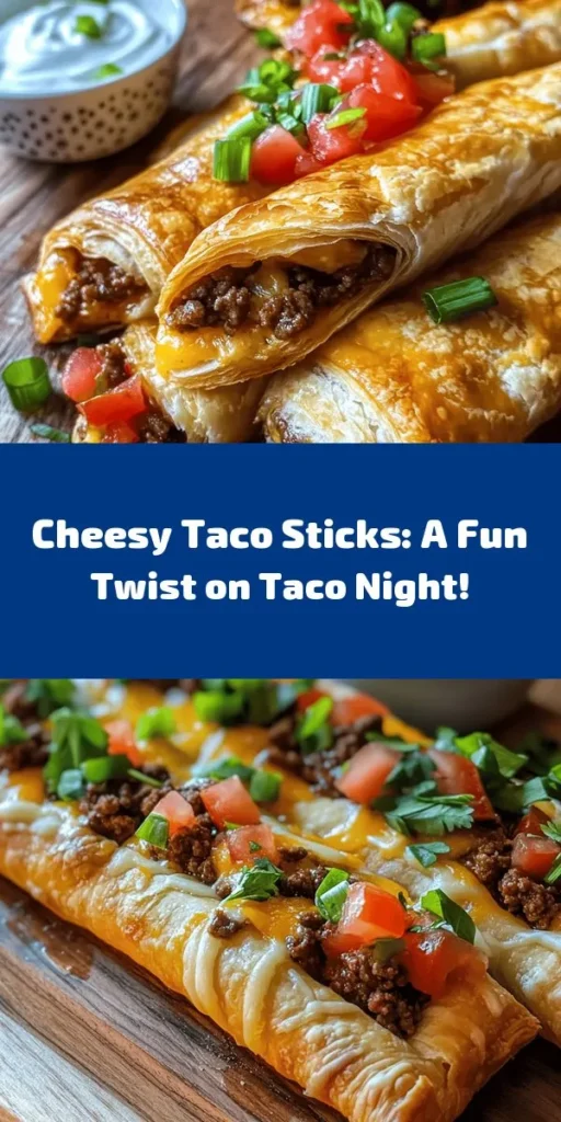 Elevate your snack game with these Cheesy Taco Sticks Delight! Perfect for parties or a cozy night in, these easy-to-make treats feature seasoned ground beef or turkey wrapped in flaky puff pastry and loaded with gooey cheese, tomatoes, and green onions. Simply bake until golden brown and enjoy them with sour cream or your favorite toppings like salsa and jalapeños. A fun twist on traditional tacos that everyone will love!