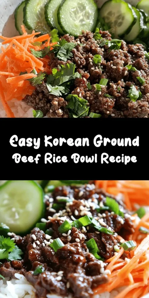 Try this delicious Korean Ground Beef Bowl for a quick and flavorful meal! Made with tender ground beef cooked with garlic and ginger, it's tossed in a savory sauce of soy sauce, brown sugar, and sesame oil. Served over warm jasmine rice and topped with scallions, carrots, and optional sesame seeds, this dish is a perfect blend of sweet and spicy. Pair with fresh cucumbers or kimchi for added crunch. Ready in just 20 minutes! Enjoy with family or friends.