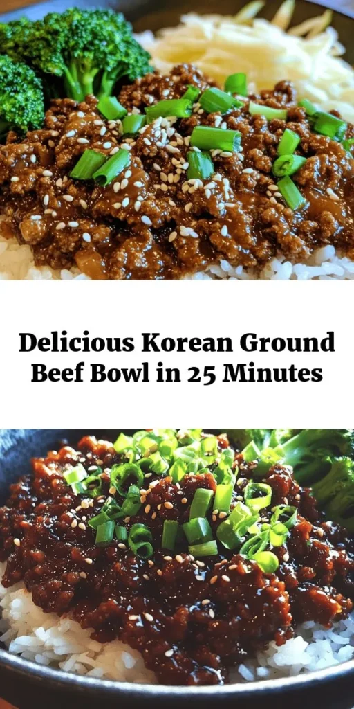 Create a taste of Korea in your kitchen with this easy Korean Ground Beef Bowl recipe! Made with flavorful ground beef, garlic, ginger, and a delicious sweet and spicy sauce featuring gochujang, this dish comes together in just 25 minutes. Serve it over jasmine or sticky rice and add steamed veggies like broccoli or bok choy for a complete meal. Garnish with sesame seeds and green onions for an extra touch. Perfect for a quick weeknight dinner!