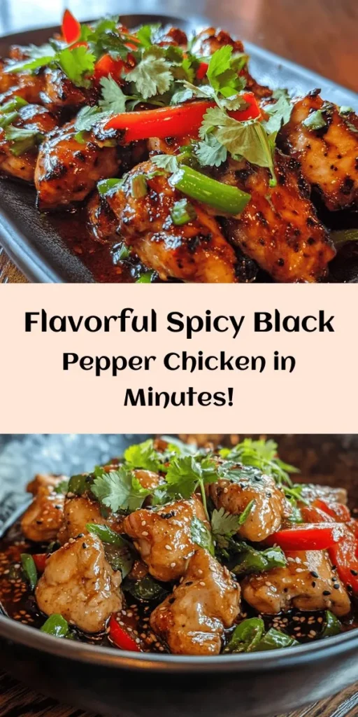 Spice up your dinner with this delicious Spicy Black Pepper Chicken Delight! This flavorful dish features tender chicken thighs marinated in soy and oyster sauce for a savory kick, then stir-fried with fresh veggies like bell peppers and onion. Enhanced by the aromatic touch of garlic and ginger, it's finished with a sprinkle of crushed black pepper for that extra zing. Perfect for a weeknight meal, this dish is easy to prepare and sure to impress!