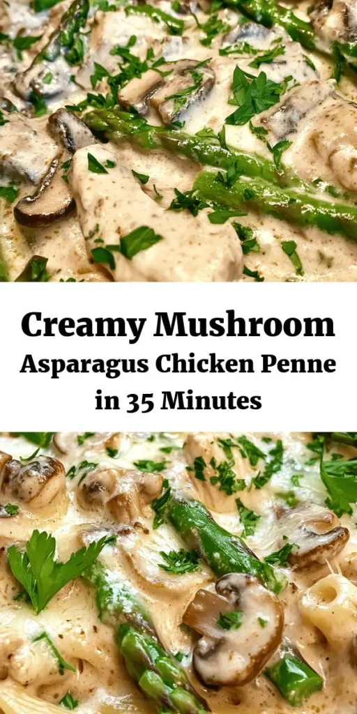 Indulge in this creamy mushroom and asparagus chicken penne – a delightful pasta dish that's perfect for any weeknight dinner! With tender chicken, fresh asparagus, and rich mushrooms enveloped in a luscious cream sauce, it's comfort food at its best. Ready in just 35 minutes, this recipe combines simple ingredients like penne pasta, garlic, and Parmesan for a dish that's both quick and delicious. Garnish with parsley for that perfect finish and enjoy!