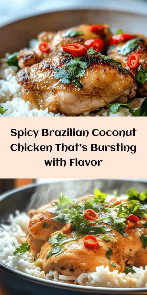 Discover the vibrant flavors of Brazil with this Spicy Brazilian Coconut Chicken recipe! Tender chicken thighs simmered in a creamy coconut milk sauce infused with garlic, ginger, and fresh chili peppers will excite your taste buds. Perfect for a cozy dinner, this dish is easy to prepare and pairs beautifully with rice. Elevate your meal with a sprinkle of cilantro for a refreshing finish. Dive into this tropical delight that's sure to impress!