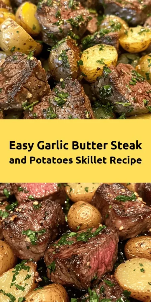 Indulge in the rich flavors of this Garlic Butter Steak and Potatoes Skillet! Perfect for a weeknight dinner, this recipe combines tender sirloin steak and crispy baby potatoes, all sautéed in a delicious garlic butter sauce. With fresh herbs like rosemary and thyme, each bite is bursting with flavor. Ready in just 30 minutes, this dish serves 3-4 people and is sure to impress. Garnish with parsley for a beautiful finish and enjoy!
