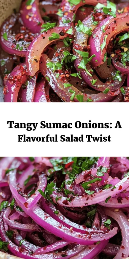 Discover a burst of flavor with this Tangy Sumac Onions Delight! This easy recipe combines thinly sliced red onions with a zesty dressing made from sumac, olive oil, and fresh lemon juice. Perfect as a refreshing side dish or a flavorful topping for salads and wraps. Simply let the onions marinate to enhance their tangy taste, and garnish with parsley for a pop of color. Quick to prepare and sure to impress! Ideal for any gathering.