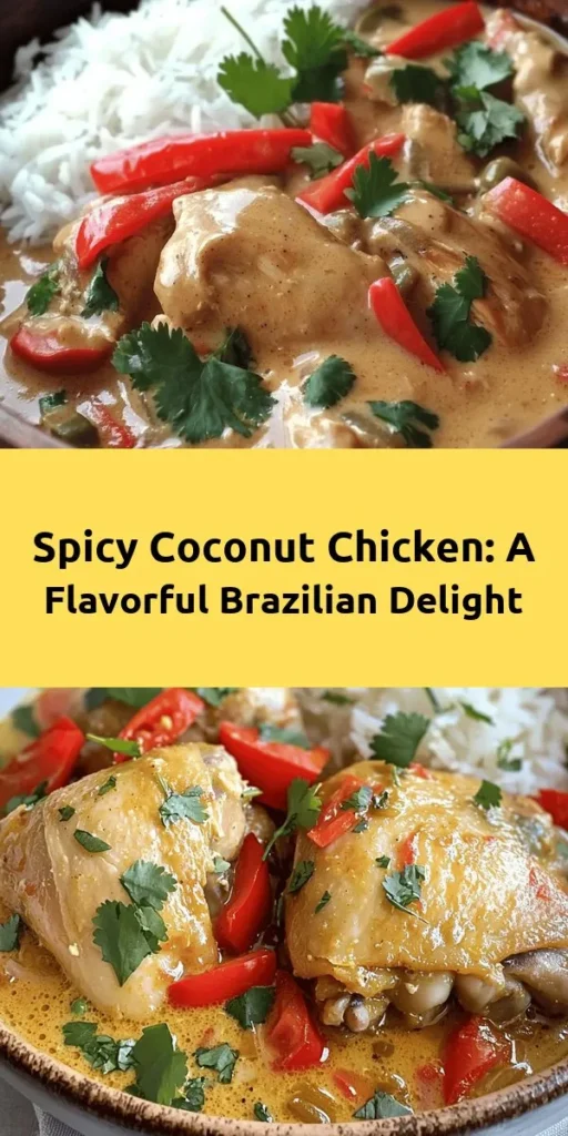 Spice up dinner with this delicious Spicy Brazilian Coconut Chicken! This flavorful dish features tender chicken thighs marinated in creamy coconut milk, lime, garlic, and a kick of fresh chilies. The vibrant mix of sautéed onions and red bell peppers adds a beautiful touch. Perfectly simmered to juicy perfection, this dish is sure to impress. Serve it with rice or a fresh salad for a complete meal. Easy to make and full of flavor, your taste buds will thank you!