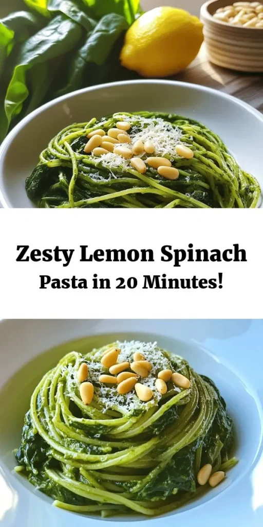 Brighten your dinner table with this delicious Lemon Spinach Pasta! Quick and easy to make, this dish combines al dente spaghetti with fresh spinach, zesty lemon, and aromatic garlic, all topped with grated Parmesan and crunchy pine nuts. In just 20 minutes, you can serve a vibrant meal that’s both nourishing and satisfying. Perfect for weeknight dinners or a special occasion, this recipe is sure to impress! Enjoy a burst of flavor and freshness in every bite.