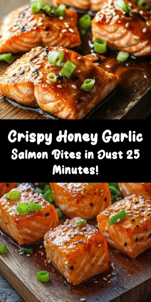 Looking for a delicious seafood treat? Try these Crispy Honey Garlic Salmon Bites! Juicy salmon cubes are coated in a flavorful mixture, fried to crispy perfection, and drizzled with a sweet and savory honey garlic sauce. Perfect as an appetizer or a satisfying meal, they’re quick to prepare in just 25 minutes. Garnish with green onions and sesame seeds for a stylish touch. Serve them with rice or a fresh salad for a delightful dinner!