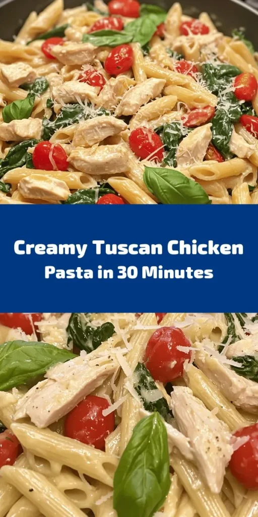 Indulge in this Easy Tuscan Chicken Pasta that's bursting with flavor! In just 40 minutes, you can enjoy a creamy blend of penne pasta, tender chicken, vibrant cherry tomatoes, and fresh spinach. The rich Parmesan cheese adds a delicious touch, making it perfect for weeknight dinners or special occasions. Top with fresh basil for an extra pop of flavor. This recipe serves 4, so gather your loved ones and relish in this Italian delight!