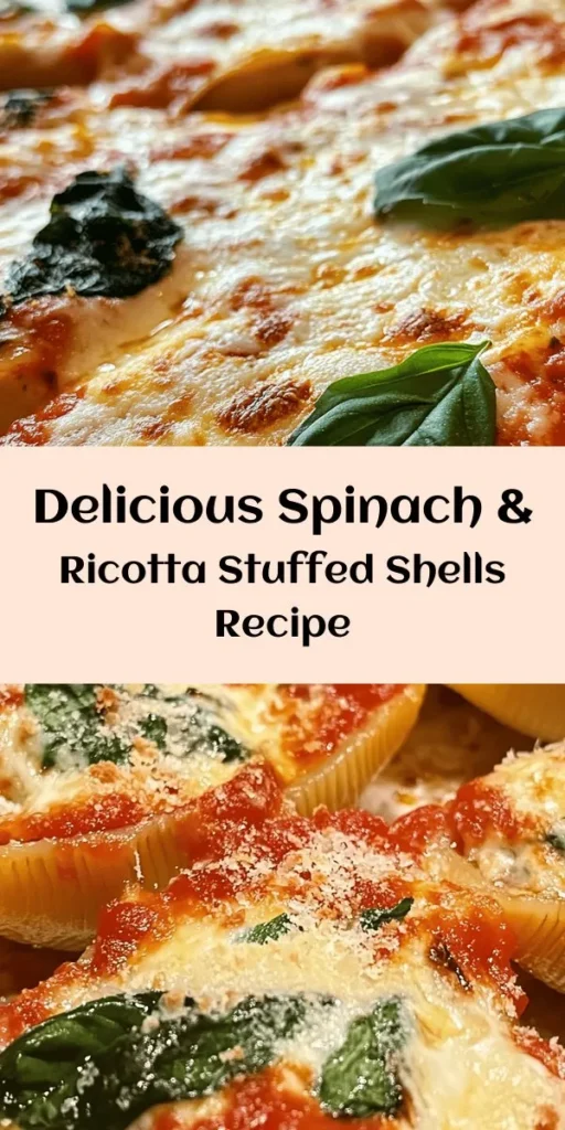 Try this easy and delicious recipe for Spinach & Ricotta Stuffed Shells! Perfect for a comforting dinner, these jumbo pasta shells are filled with a creamy mixture of ricotta, fresh spinach, and mozzarella, then topped with marinara sauce and more cheese. Bake until bubbly and golden for a dish everyone will love. Ready in just 50 minutes, it makes 4-6 servings. Don't forget to add fresh basil for the perfect finish! Enjoy a taste of Italy at home.