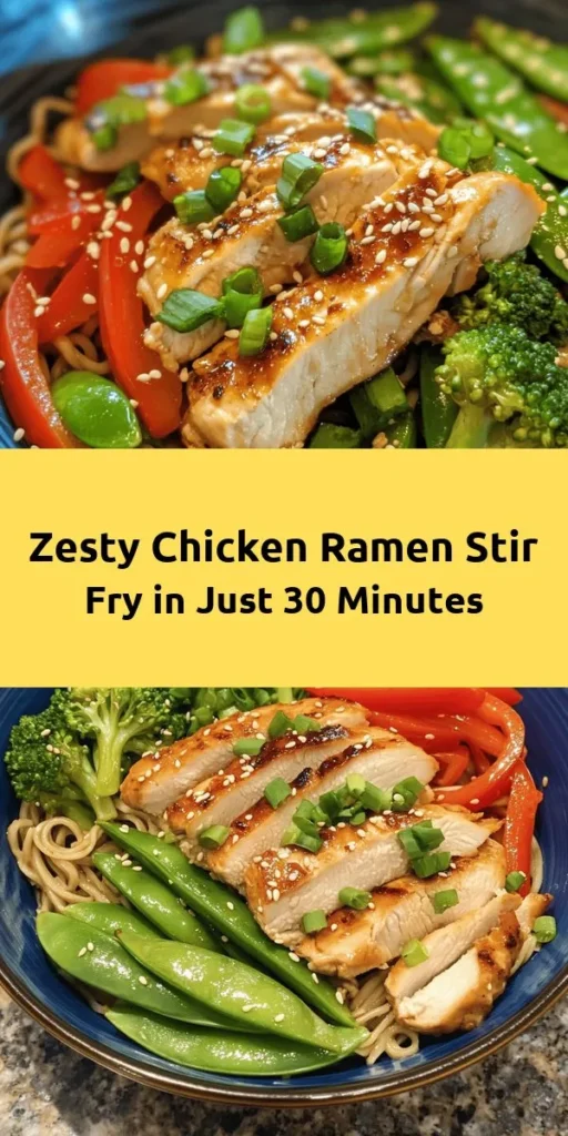 Looking for a quick and delicious meal? Try this Zesty Chicken Ramen Stir Fry! With tender chicken, colorful veggies, and flavorful ramen noodles, this dish is ready in just 30 minutes. It features garlic, ginger, and a blend of soy and oyster sauces for that perfect kick. Perfect for weeknight dinners, it’s a one-pan wonder that will satisfy your cravings. Don’t forget the sesame seeds on top for that extra touch! Enjoy a delicious bowl tonight!