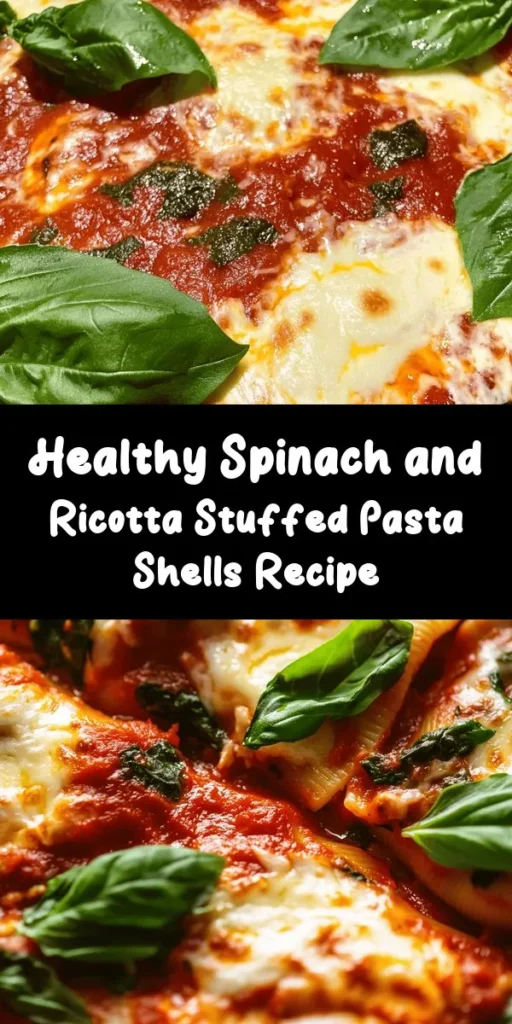 Whip up a delicious and healthy dinner with these easy spinach and ricotta stuffed shells! Bursting with flavor, this recipe uses jumbo pasta shells filled with a creamy spinach and cheese mixture, all smothered in tasty marinara sauce and topped with melted mozzarella. Perfect for a quick weeknight meal or a cozy family dinner, you'll love how easy it is to prepare. Garnish with fresh basil for an extra touch of freshness. Try it tonight!