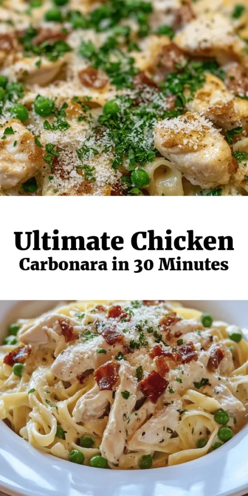 Indulge in the ultimate comfort food with this Best-Ever Chicken Carbonara! Creamy and flavorful, this dish features tender chicken, crispy pancetta, and sweet peas all tossed with perfectly cooked fettuccine or spaghetti. In just 30 minutes, you can whip up this delightful meal that’s perfect for family dinners or special occasions. Top with fresh parsley and extra Pecorino Romano for a delicious finish. Get ready to impress your loved ones with this easy recipe!