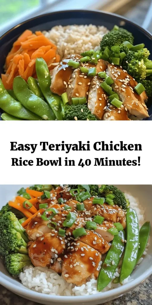 Whip up a delicious Teriyaki Chicken Rice Bowl that’s perfect for a quick weeknight dinner! This flavorful dish features marinated chicken thighs glazed in a savory-sweet sauce, served over fluffy jasmine rice with vibrant steamed veggies like broccoli, carrots, and snap peas. Easy to make and packed with flavor, it's a winner for the whole family. Don’t forget to drizzle extra sauce and sprinkle sesame seeds for that finishing touch! Perfect for meal prep or a cozy night in.