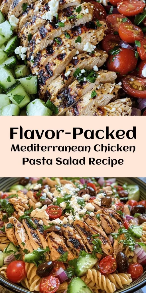 Looking for a refreshing and hearty dish? Try this Mediterranean Chicken Pasta Salad! Packed with flavors from grilled chicken, tangy feta, and fresh veggies like cucumbers and cherry tomatoes, this pasta salad is perfect for any occasion. With a zesty lemon-balsamic dressing and a hint of oregano, it's sure to be a hit at your next gathering. Plus, it's quick to prepare and can be enjoyed chilled or at room temperature! Serve it as a main or side dish!