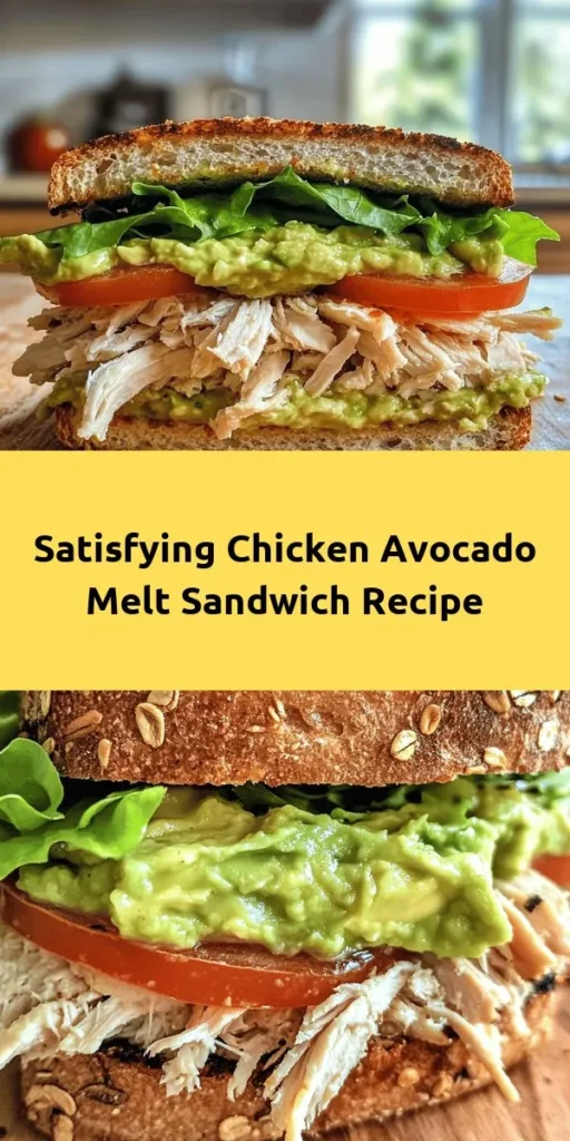 Indulge in the deliciousness of this Chicken Avocado Melt Sandwich! Perfect for a quick lunch or snack, this tasty recipe combines creamy avocado, shredded chicken, and melty mozzarella all grilled to perfection. With just a few ingredients like whole grain bread, Greek yogurt, lime juice, and fresh cilantro, you can whip up this satisfying sandwich in only 20 minutes. Enjoy it with fresh greens or chips for a delightful meal!