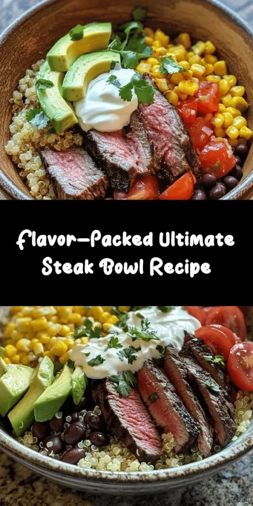 Indulge in the Ultimate Steak Bowl Delight, a savory and satisfying meal perfect for any night of the week! This recipe features tender flank steak marinated in garlic and smoked paprika, served over a bed of fluffy quinoa, black beans, and corn. Top it off with creamy avocado, juicy cherry tomatoes, and shredded cheese, then drizzle with sour cream or Greek yogurt and fresh lime juice. Easy to prepare and customizable, this bowl is a delicious fusion of flavors – a must-try for steak lovers!