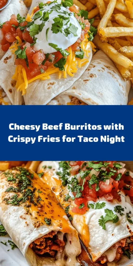 Indulge in these Cheesy Beef Burritos with Crispy Fries! Perfect for a cozy dinner, this recipe combines seasoned ground beef, refried beans, and melted cheddar, all wrapped in soft tortillas. Pair them with golden, crispy homemade fries for the ultimate meal. Easy to prepare and customizable with your favorite toppings like sour cream and guacamole, these burritos are sure to satisfy. Give it a try and enjoy a delicious homemade feast!