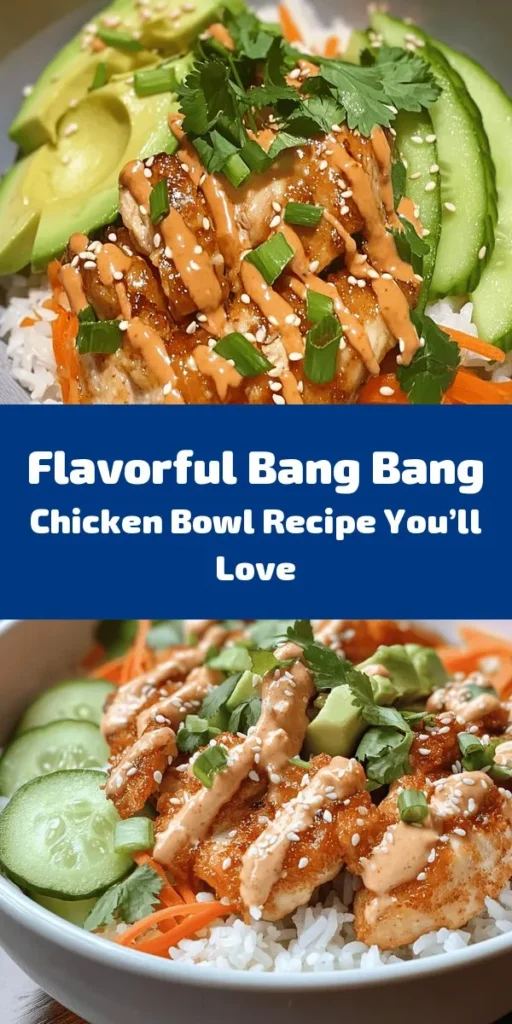 Get ready to spice up your dinner with this delicious Bang Bang Chicken Bowl! Featuring marinated chicken thighs cooked to perfection and drizzled with a creamy, spicy Bang Bang sauce, this bowl is packed with flavor and freshness. Serve it over jasmine or cauliflower rice and top it with crunchy carrots, refreshing cucumbers, and creamy avocado. Garnished with green onions and sesame seeds, this dish is as beautiful as it is tasty. Perfect for meal prep or a quick weeknight dinner!
