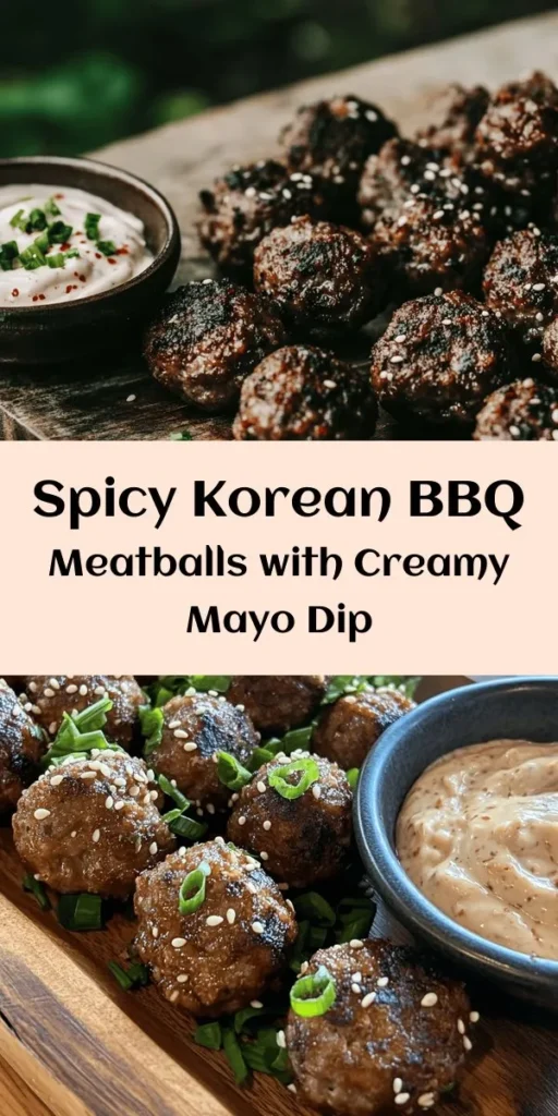Get ready to savor the bold flavors of Korean BBQ with these delicious meatballs! Made with ground beef, fresh green onions, and a kick of gochujang, they're perfectly baked for a tasty snack or appetizer. Pair them with a creamy spicy mayo dip for an extra kick. This easy recipe takes just 35 minutes from prep to plate, making it perfect for gatherings or weeknight dinners. Your taste buds are in for a treat!