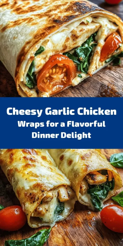 Indulge in these delicious Cheesy Garlic Chicken Wraps that are perfect for a quick weeknight dinner! With juicy chicken, a creamy cheesy garlic filling, fresh spinach, and cherry tomatoes, each bite is bursting with flavor. These easy-to-make wraps are golden and crispy on the outside and cheesy on the inside. Ready in just 30 minutes, serve them with your favorite dipping sauce for a meal your family will love!