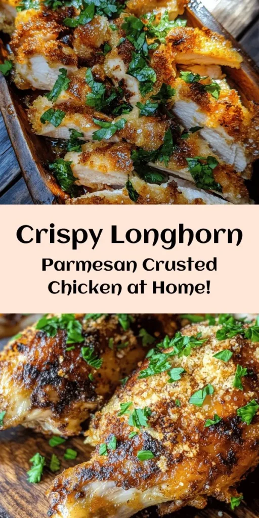 Savor the deliciousness of this Longhorn Parmesan Crusted Chicken, an easy copycat recipe that's perfect for a weeknight dinner! Juicy chicken breasts are marinated in buttermilk and coated with a flavorful mix of seasoned breadcrumbs and Parmesan cheese, then baked to golden perfection. With simple ingredients and easy steps, you’ll impress your family and friends in no time. Don’t forget to garnish with fresh parsley for a beautiful finishing touch! Enjoy this mouthwatering dish with your favorite sides.