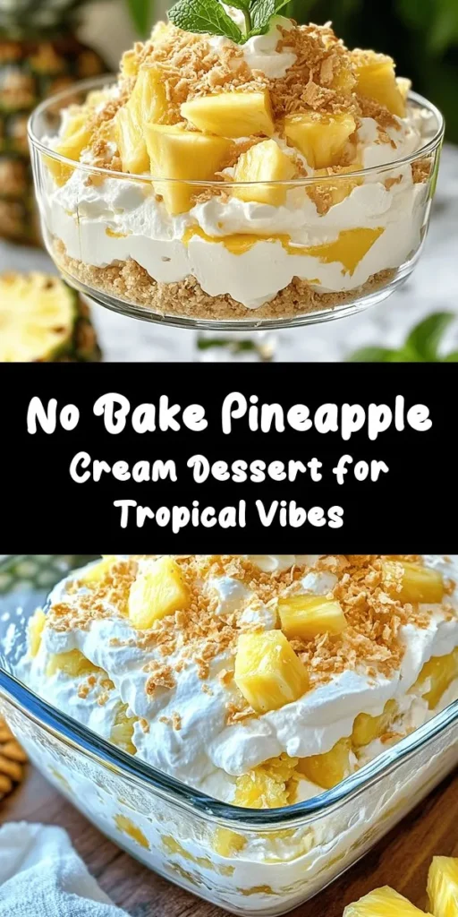 Indulge in the taste of paradise with this easy No Bake Pineapple Cream Dessert! Bursting with sweet pineapple, creamy layers of whipped cream and cream cheese, it's a delightful treat perfect for warm days. Simply layer crushed graham crackers and your pineapple mixture, chill to set, and top with fresh pineapple and mint for the ultimate tropical presentation. Ideal for gatherings, this dessert is both light and refreshing. Enjoy a slice of bliss!