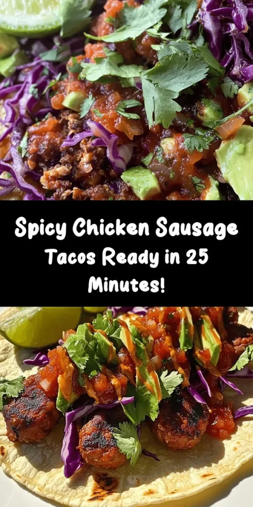 Spice up your taco night with these delicious Spicy Chicken Sausage Tacos! Made with seasoned ground chicken, smoky spices, and topped with crunchy cabbage, creamy avocado, and fresh cilantro, this recipe is a flavor explosion. Ready in just 25 minutes, these tacos make a quick and satisfying meal. Serve with lime and your favorite salsa for the perfect finishing touch. Try them tonight for a tasty twist on dinner!