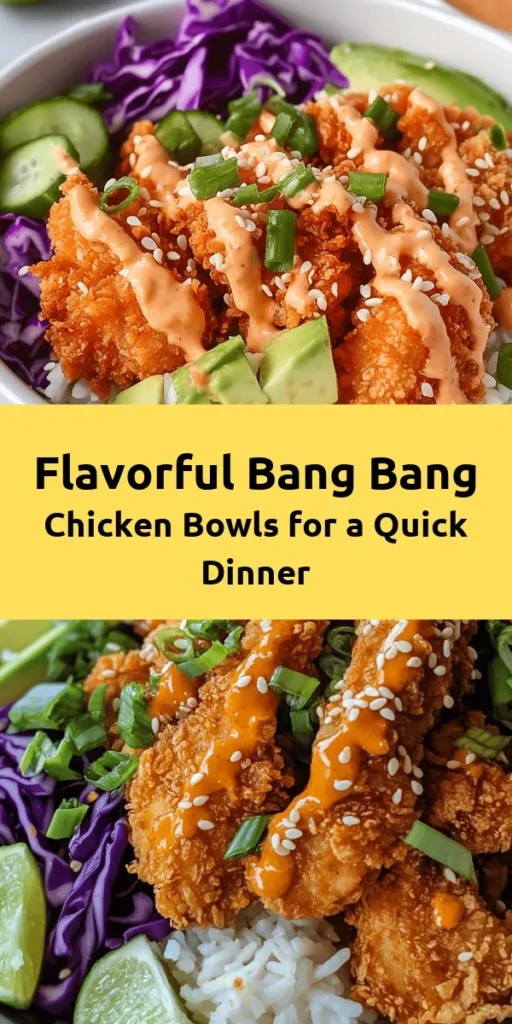 Savor the deliciousness of Bang Bang Chicken Bowls! This vibrant recipe features crispy, golden fried chicken coated in a creamy, spicy Bang Bang sauce, resting on a bed of fluffy jasmine rice. Add fresh veggies like shredded cabbage, cucumbers, and creamy avocado for a wholesome meal. Perfect for lunch or dinner, this dish is quick to prepare and packed with flavor. Try it out for a satisfying treat that's sure to impress!