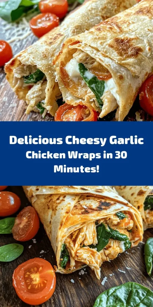 Craving something delicious and cheesy? Try these Cheesy Garlic Chicken Wraps! Packed with shredded chicken, creamy cheeses, and a hint of garlic, these wraps are a tasty treat for lunch or dinner. Quick to prepare and ready in just 30 minutes, they're perfect for a satisfying meal. Simply fill tortillas with the cheesy mixture, add fresh spinach and tomatoes, toast them to perfection, and enjoy! Ideal for meal prep or a family feast.