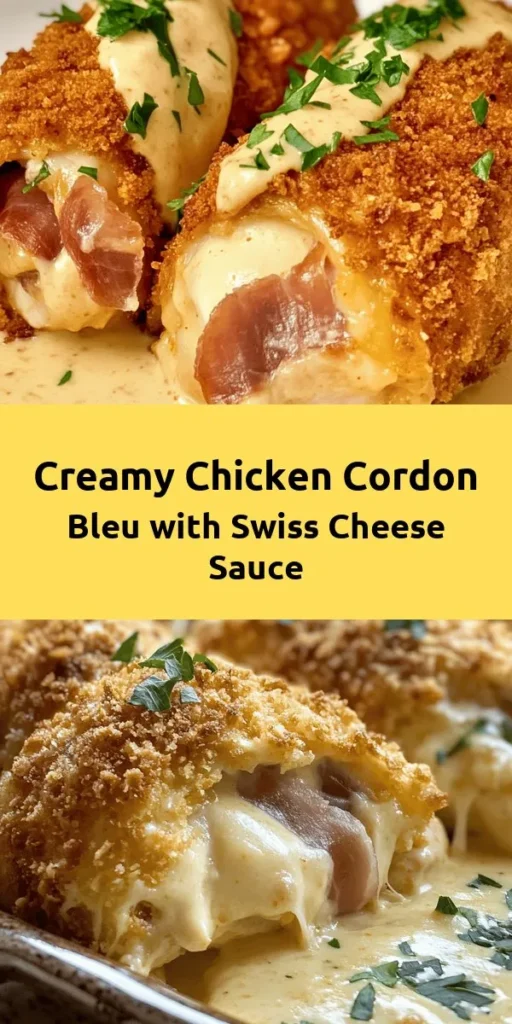 Indulge in this delicious Chicken Cordon Bleu with a creamy Swiss cheese sauce that’s perfect for any occasion! This recipe features tender chicken breasts stuffed with savory ham and Swiss cheese, coated in crispy breadcrumbs, and drenched in a rich cheese sauce. It's easy to make and packed with flavor, making it a family favorite. With a prep time of just 20 minutes, you’ll have an impressive meal on the table in under an hour. Serve it up and watch your loved ones enjoy every bite!