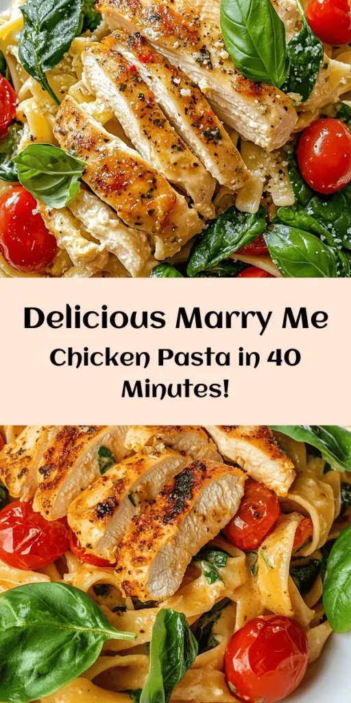 Discover the delicious Marry Me Chicken Pasta, a perfect dish that combines tender chicken, creamy sauce, and flavorful fettuccine! This easy-to-follow recipe features juicy chicken breasts, sautéed garlic, cherry tomatoes, and fresh spinach, all tossed together for a meal that even your loved ones will adore. Ready in just 40 minutes, this recipe is ideal for date night or a cozy family dinner. Don’t forget to garnish with fresh basil for an extra touch!