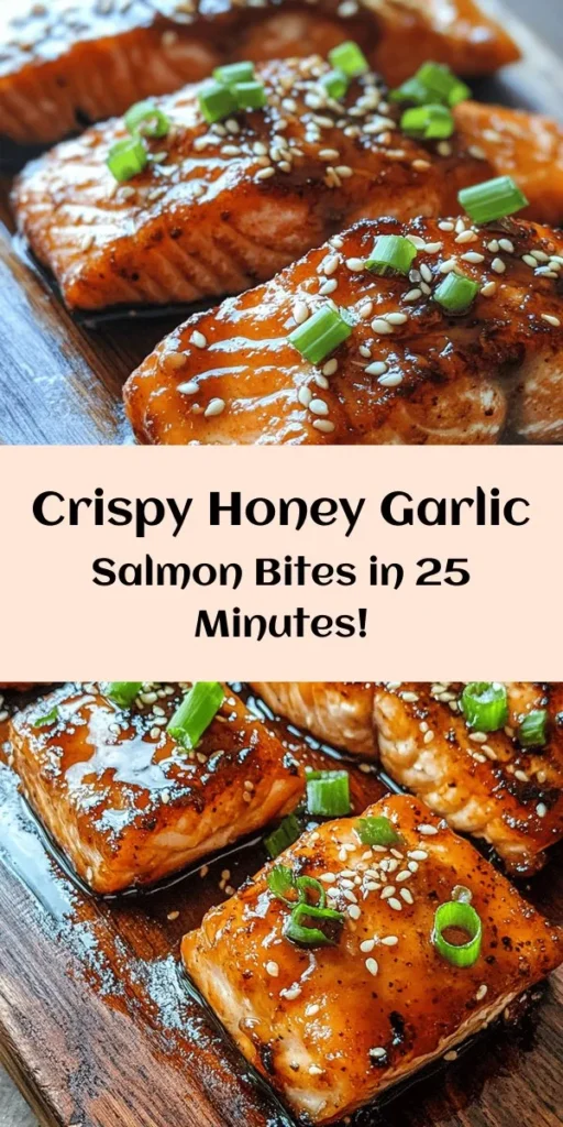 Indulge in these Crispy Honey Garlic Salmon Bites that are perfect for dinner or as an appetizer! Made with tender salmon coated in a flavorful mixture of flour and spices, these bites are fried to perfection and tossed in a sweet and savory honey garlic sauce. With a hint of ginger and optional heat from red pepper flakes, they’re sure to impress. Garnish with green onions and sesame seeds for an extra pop. Easy, delicious, and ready in just 25 minutes!