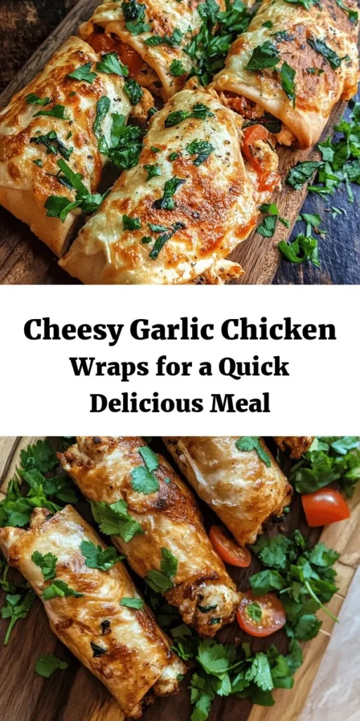 These Cheesy Garlic Chicken Wraps are the perfect blend of flavor and convenience! Juicy chicken breasts are seasoned, cooked, and combined with a creamy, cheesy garlic mixture and fresh veggies for a satisfying meal. Easy to assemble and quick to cook, these wraps are crispy on the outside and gooey on the inside. Perfect for a busy weeknight or a delicious picnic snack. Serve with your favorite dipping sauce for extra goodness!
