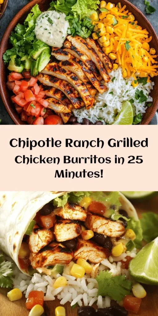 Spice up your dinner with this Easy Chipotle Ranch Grilled Chicken Burrito! Packed with flavor, these burritos feature marinated grilled chicken, fluffy rice, hearty black beans, corn, and fresh veggies all wrapped in a warm tortilla. Perfect for meal prep or a quick weeknight dinner, they're sure to please the whole family. Grab the lime wedges and cilantro for a fresh finish! Ideal for burrito lovers, it's easy to customize too. Enjoy!