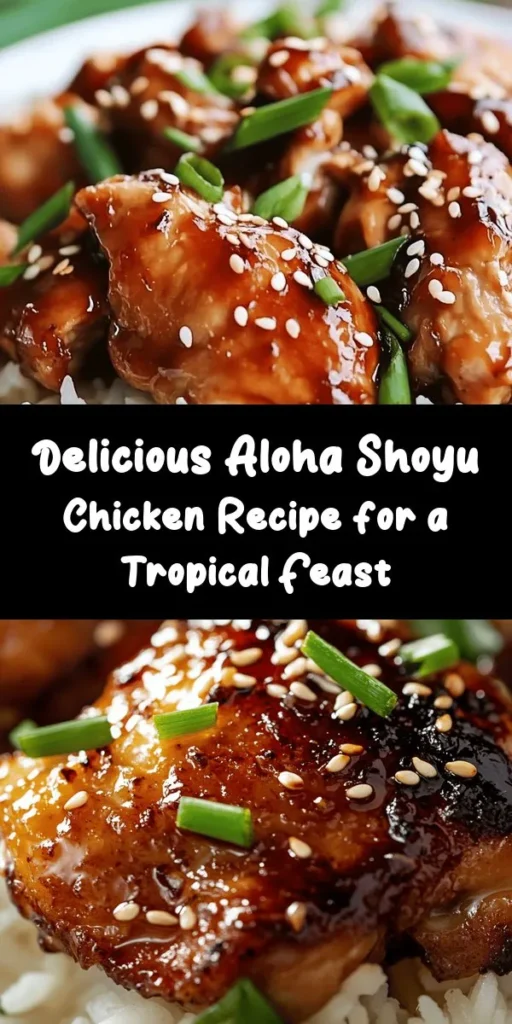 Enjoy a taste of Hawaii with this Aloha Shoyu Chicken recipe! This dish features tender, marinated chicken thighs infused with a mouthwatering blend of soy sauce, brown sugar, garlic, and ginger. After a quick sear for crispy skin, the chicken bakes to juicy perfection, creating a delicious sauce to drizzle over rice. Garnished with fresh green onions and sesame seeds, it's a delightful meal that's sure to impress! Perfect for family dinners or a special occasion!