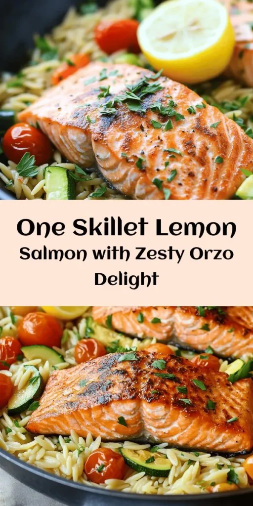 Indulge in a burst of flavors with this one skillet Lemon Zest Delight featuring salmon and lemon orzo. This easy recipe cooks everything in one pan, making cleanup a breeze! Sauté aromatic onions and garlic, then toast orzo in savory broth before adding vibrant cherry tomatoes and zucchini. Top it with perfectly seared salmon, fresh parsley, and a sprinkle of feta for a delightful twist. Ready in just 30 minutes, it's the perfect weeknight dinner!