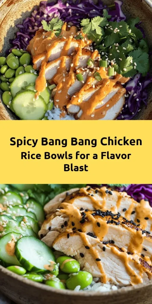 Enjoy a delightful fusion of flavors with these Bang Bang Chicken Bowls! Juicy chicken tossed in a spicy-sweet Bang Bang sauce sits atop a bed of fluffy jasmine rice. Fresh cucumber, vibrant purple cabbage, and protein-packed edamame add a nutritious crunch. Perfect for meal prep or a quick weeknight dinner, these bowls are easy to assemble and packed with taste. Garnish with green onions and cilantro for an extra pop of flavor!