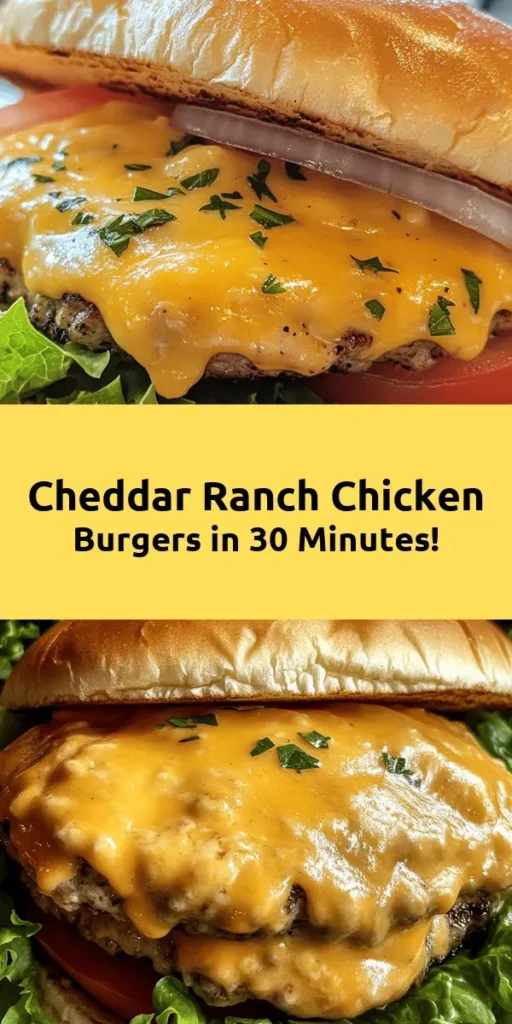 Elevate your burger night with these Easy Cheddar Ranch Chicken Burgers! Made with juicy ground chicken, rich cheddar, and zesty ranch dressing, this delicious recipe combines flavors that everyone will love. With just 30 minutes of prep time, you can enjoy four mouthwatering patties topped with fresh lettuce, tomato, and onion. Perfect for a quick weeknight dinner or weekend get-together, these burgers are sure to be a hit!