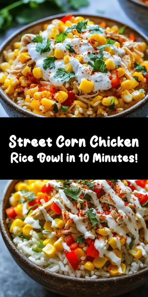 Looking for a quick and tasty meal? Try this Easy Street Corn Chicken Rice Bowl! Perfect for busy weeknights, this dish combines fluffy rice, shredded chicken, sweet corn, and vibrant bell peppers. Toss it all in a zesty mayo-lime dressing, add fresh cilantro, and top with crumbly cheese for extra flavor. Ready in just 10 minutes, it's healthy, satisfying, and oh-so-delicious. Enjoy a bowl of sunshine anytime!