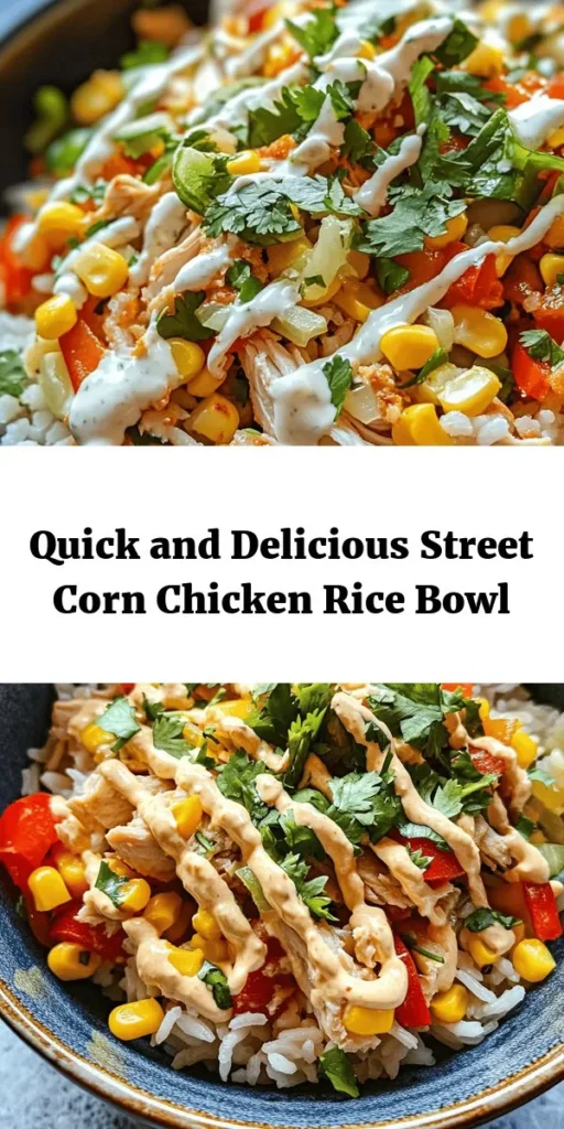 Savor the simplicity of this Easy Street Corn Chicken Rice Bowl! Ready in just 15 minutes, it's a delightful mix of tender chicken, sweet corn, and vibrant bell peppers, all drizzled with a zesty mayo sauce. Perfect for a quick weeknight dinner or a satisfying lunch, this bowl can be customized to your taste. Add some cilantro for a refreshing touch. Try this delicious recipe that packs flavor and ease into every bite!