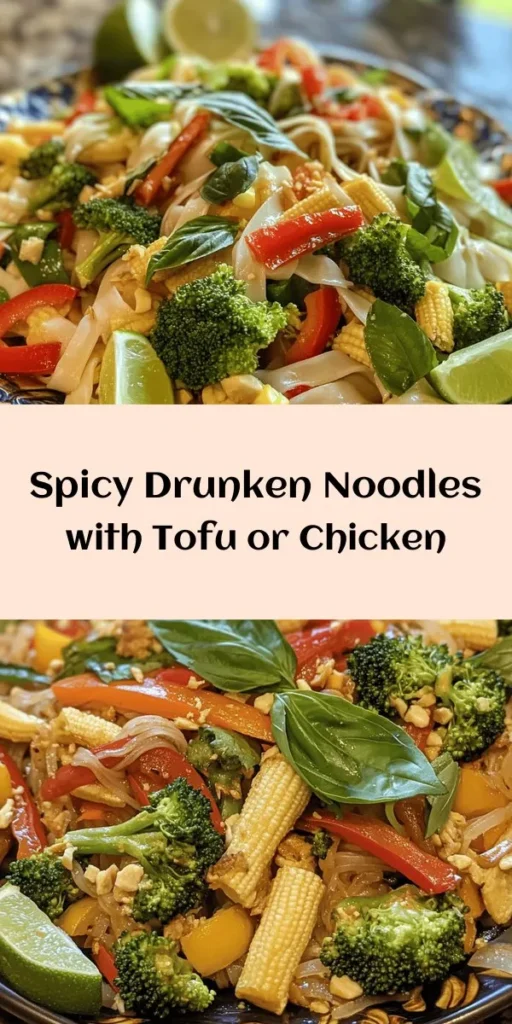 Whip up a deliciously spicy Drunken Noodles Delight that's sure to impress! This easy recipe combines wide rice noodles with fresh veggies like broccoli, bell peppers, and snow peas, plus your choice of tofu or chicken for protein. Tossed in a flavorful sauce with Thai basil, it's packed with flavor and color. Perfect for a quick weeknight dinner. Serve with lime wedges for that zesty finish. Enjoy a taste of Thailand at home!