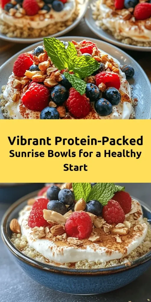 Start your day off right with these protein-packed Sunrise Bowls! Combining creamy Greek yogurt, nutritious quinoa, and hearty rolled oats, this recipe is topped with crunchy mixed nuts and vibrant fresh berries for a deliciously balanced breakfast. Drizzle with honey or maple syrup for an extra touch of sweetness, and don't forget the chia seeds for added nutrition. Perfect for a quick meal or a delightful start to a busy morning. Enjoy freshness and flavor in every bite!