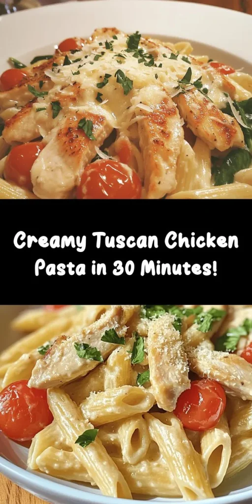 Indulge in the flavors of Italy with this creamy Tuscan Chicken Pasta! This quick and easy dish combines tender chicken, fresh spinach, juicy cherry tomatoes, and a rich creamy sauce, all tossed with penne pasta. Ready in just 30 minutes, it’s perfect for a weeknight dinner! Top with Parmesan cheese and fresh parsley for an extra touch. Dive into this delicious recipe today to elevate your mealtime with a taste of Tuscany!