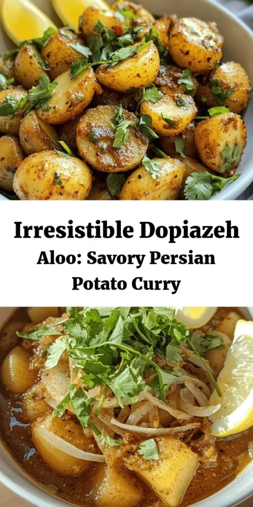 Indulge in a warm bowl of Dopiazeh Aloo, a delicious Persian potato curry that's perfect for any meal! With tender potatoes simmered in a blend of fragrant spices like cumin, coriander, and garam masala, this hearty dish is sure to please. Ready in just 45 minutes, it’s easy to prepare and packed with flavor. Serve it with flatbreads or steamed rice, and don't forget the lemon wedges for a zesty finish. Enjoy a taste of Persia at home!