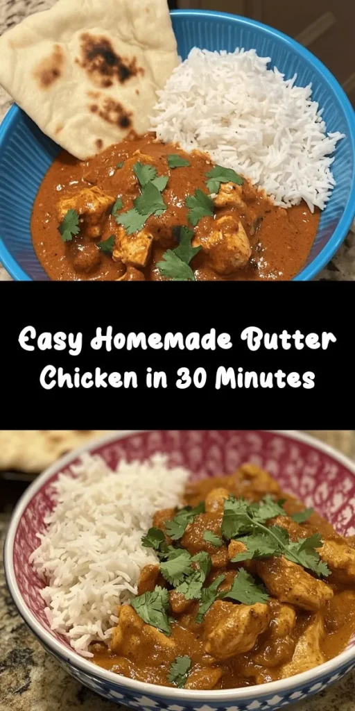 Discover the joy of making Quick & Easy Homemade Butter Chicken in just 30 minutes! This creamy and flavorful dish is made with tender chicken, a rich tomato sauce, and aromatic spices. Perfect for a weeknight dinner, it pairs beautifully with basmati rice or warm naan. With simple ingredients like garlic, ginger, and garam masala, you’ll love this delicious recipe that's sure to impress your family and friends. Give it a try and enjoy a taste of India at home!